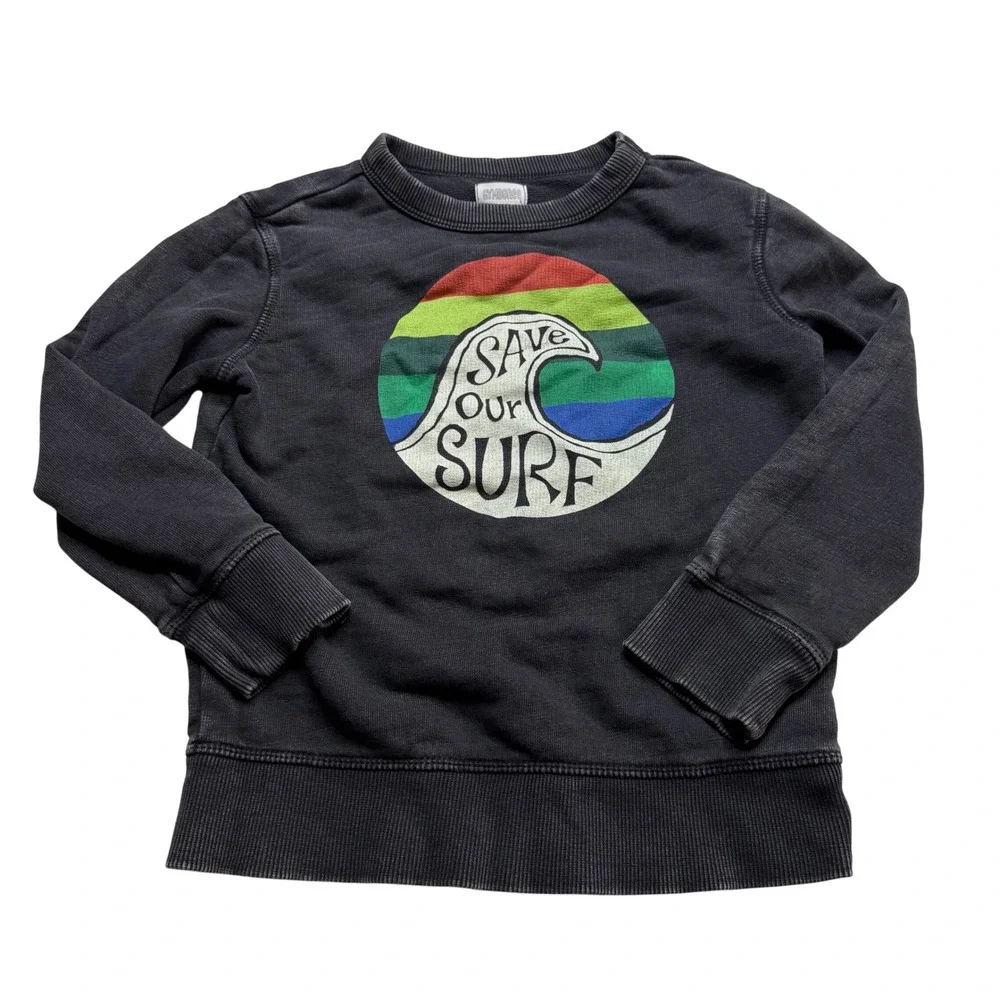 GYMBOREE Sweatshirt Black Save Our Surf Rainbow Graphic Boy's XS Size 4 Play